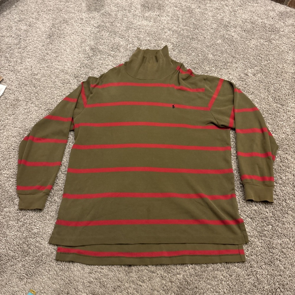 Vintage Polo Ralph Lauren Striped Turtle Neck Sweater Mens L Cotton Olive/Red